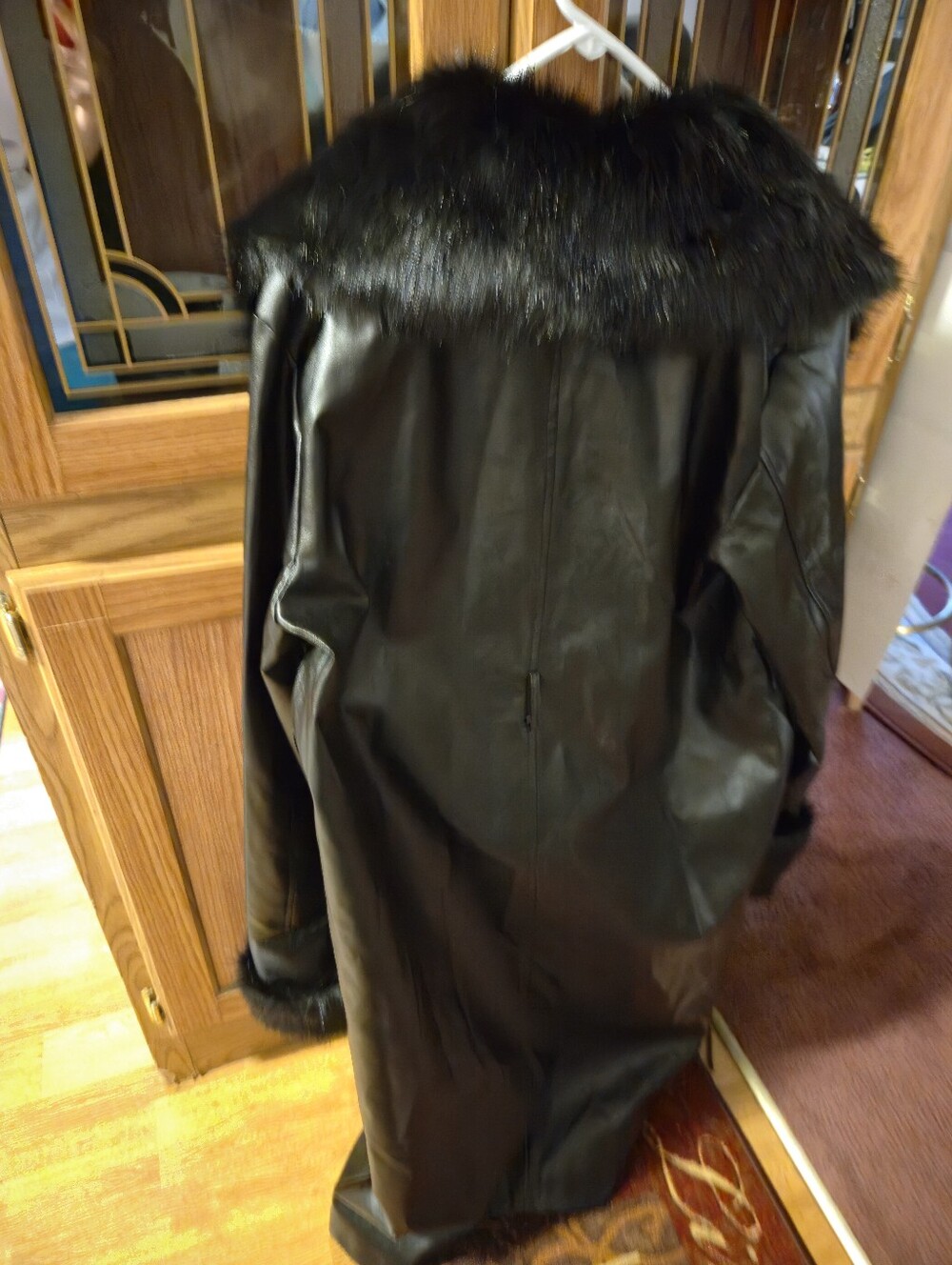 Black Faux Fur Trim Faux47 Inches Long Leather Long Coat - Women - Picture 5 of 5
